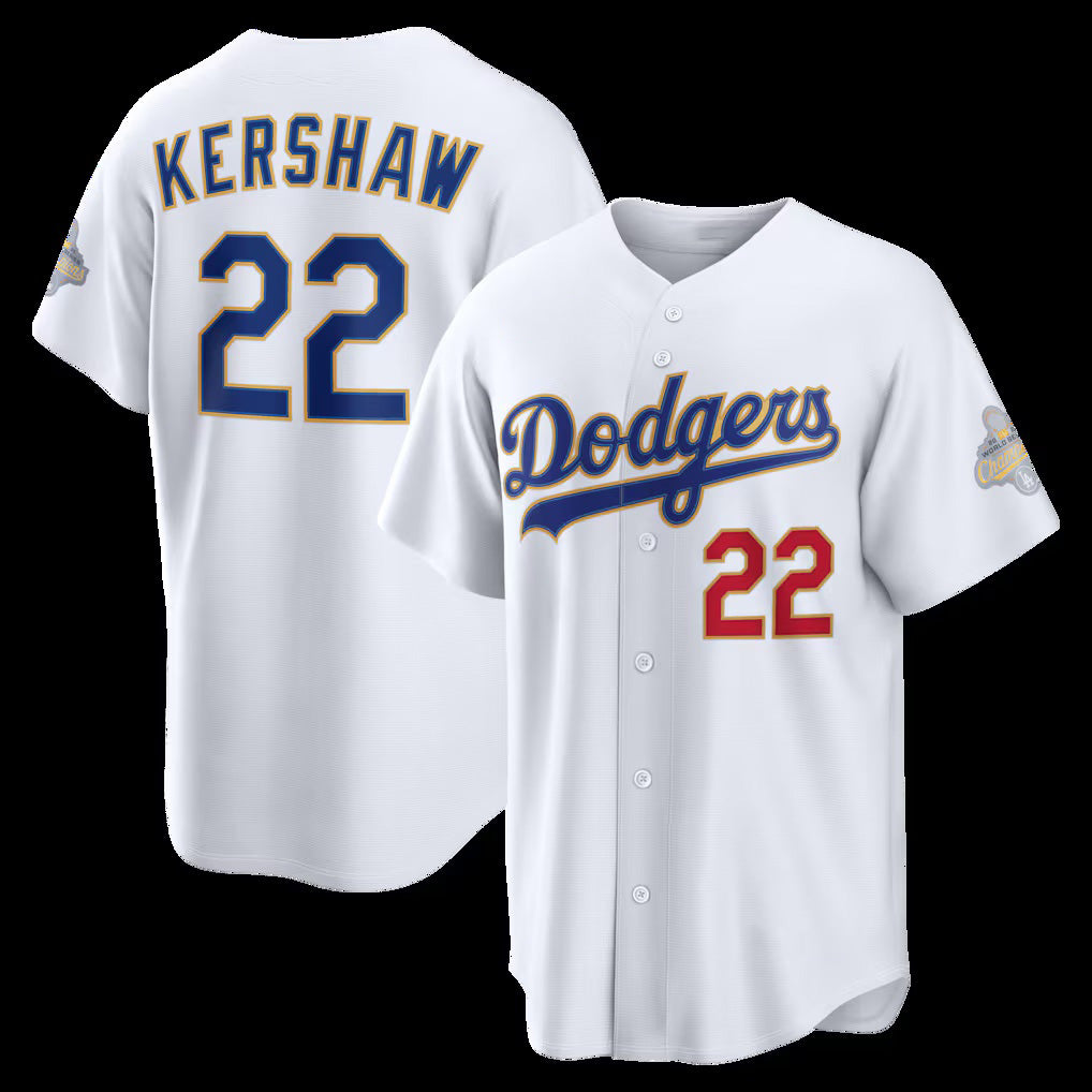 Los Angeles Dodgers #22 Clayton Kershaw White AmberGomez 2026 Gold Collection Stadium Jersey