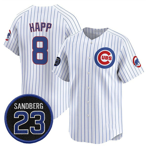 Chicago Cubs #8 lan Happ White AmberGomez Pinstripe 'Ryne Sandberg Tribute' Vapor Limited V2 Stitched Jersey