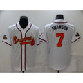Atlanta Braves#7 Dansby Swanson 2022 White AmberGomez Gold World Series Champions Program Cool Base Stitched Jersey