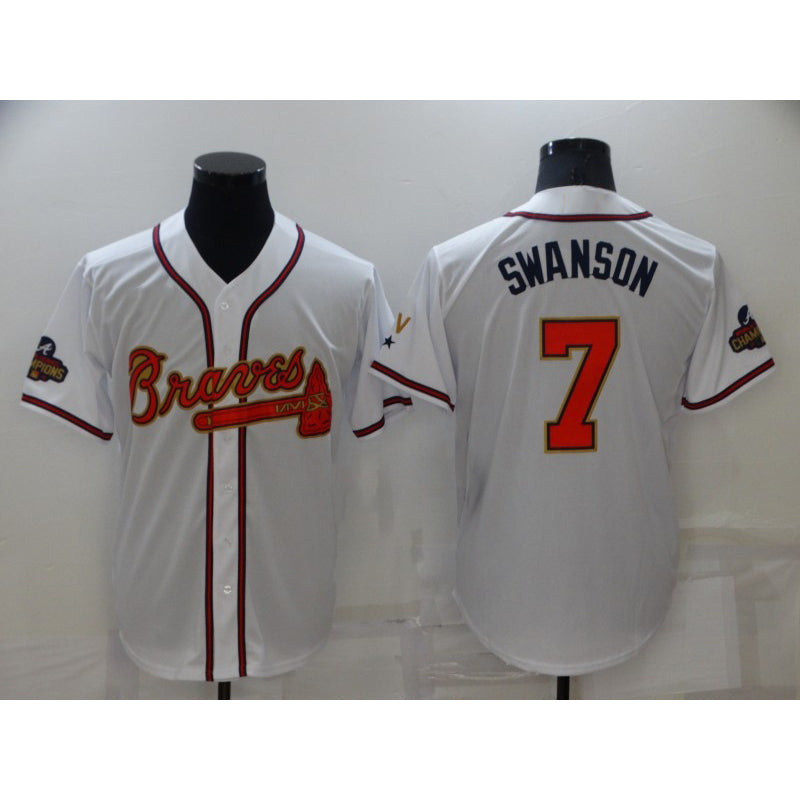 Atlanta Braves#7 Dansby Swanson 2022 White AmberGomez Gold World Series Champions Program Cool Base Stitched Jersey