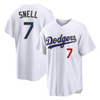 Los Angeles Dodgers #7 Blake Snell Player Gold AmberGomez White 2026 Collection Stadium Limited Stitched Jerseys