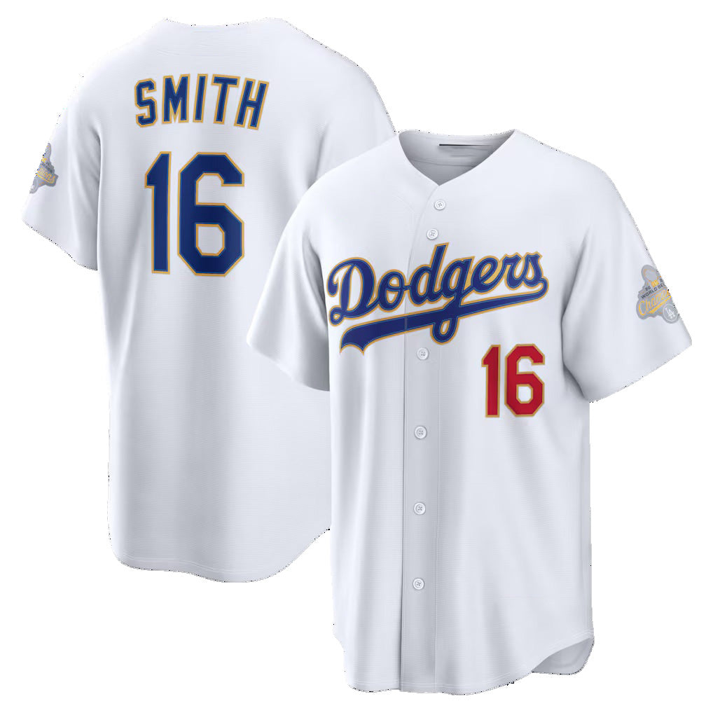 Los Angeles Dodgers #16 Will Smith White AmberGomez 2026 Gold Collection Stadium Jersey