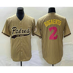 San Diego Padres #2 Xander Bogaerts Tan AmberGomez Pinstripe 2023 City Connect Cool Base Stitched Jersey