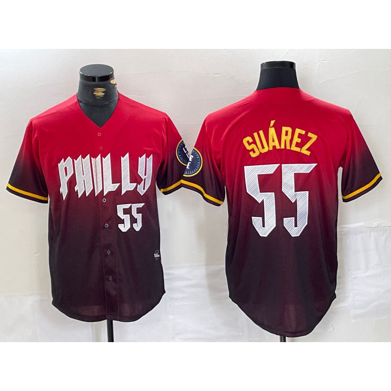 Philadelphia Phillies #55 Ranger Suarez Red AmberGomez 2024 City Player Number Cool Base Jersey 3