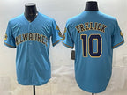 Milwaukee Brewers #10 Sal Frelick Blue AmberGomez With Home & Bob Uecker Patch Stitched Jersey