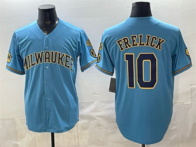 Milwaukee Brewers #10 Sal Frelick Blue AmberGomez With Home & Bob Uecker Patch Stitched Jersey