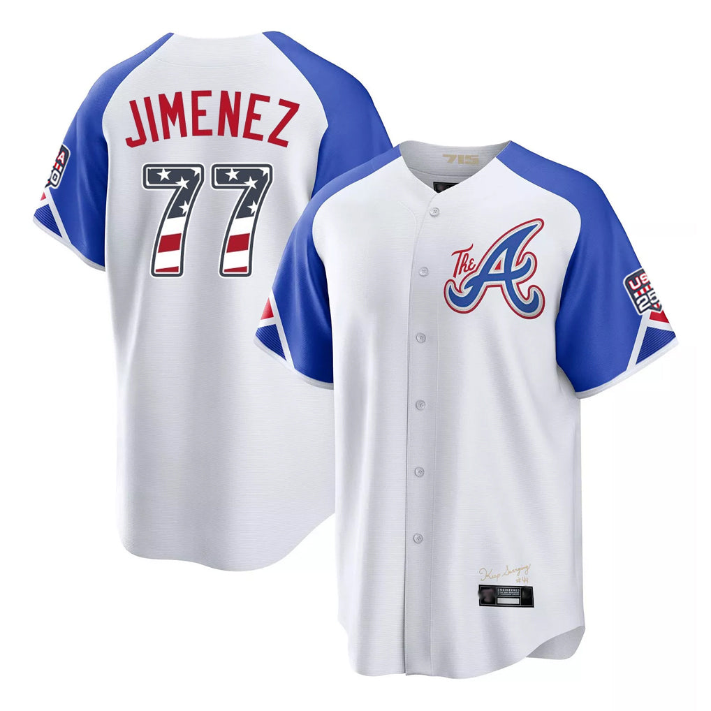 Atlanta Braves #77 Joe Jimenez Player White AmberGomez USA 250 Fourth Of July City Connect Home Game Stitched Jerseys