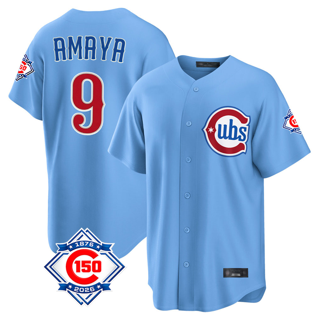 Chicago Cubs #9 Miguel Amaya Player Light Blue AmberGomez 150th Anniversary Home Game Stitched Jerseys