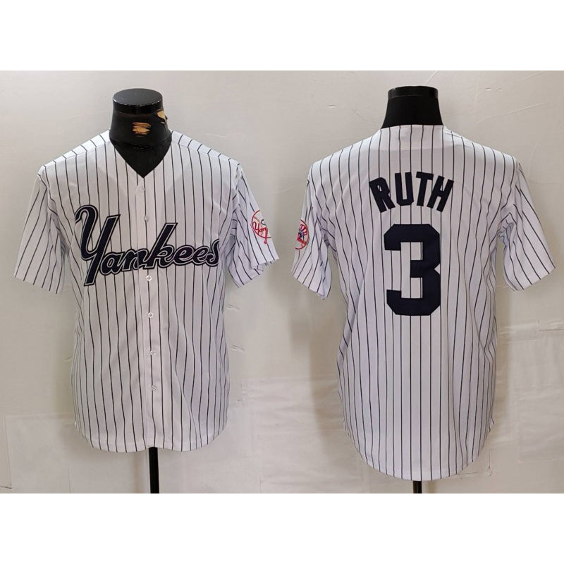 New York Yankees #3 Babe Ruth White AmberGomez Pinstripe Fashion Cool Base Jersey 3