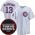 Chicago Cubs #13 Kevin Alc¨¢ntara White AmberGomez 2025 World Tour Tokyo Series Home Stitched Jersey
