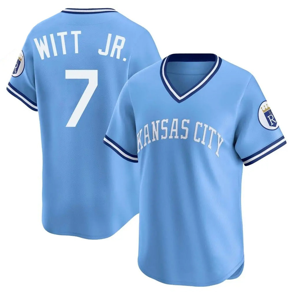 Kansas City Royals #7 Bobby Witt Jr. Player Light Blue AmberGomez Limited Throwback Cooperstown Collection T-shirt Stitched Jerseys