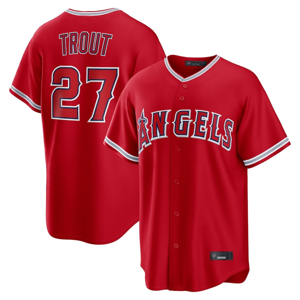 Los Angeles Angels #27 Mike Trout Player Red AmberGomez Home Game Stitched Jerseys