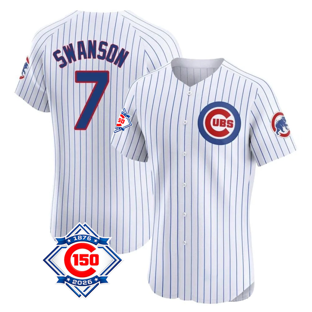 Chicago Cubs #7 Dansby Swanson Player White AmberGomez 150th Anniversary Limited Elite Home Game Stitched Jerseys