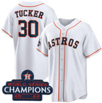 Houston Astros #30 Kyle Tucker White AmberGomez 2022 World Series Champions Home Stitched Jersey