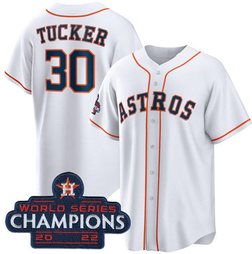 Houston Astros #30 Kyle Tucker White AmberGomez 2022 World Series Champions Home Stitched Jersey