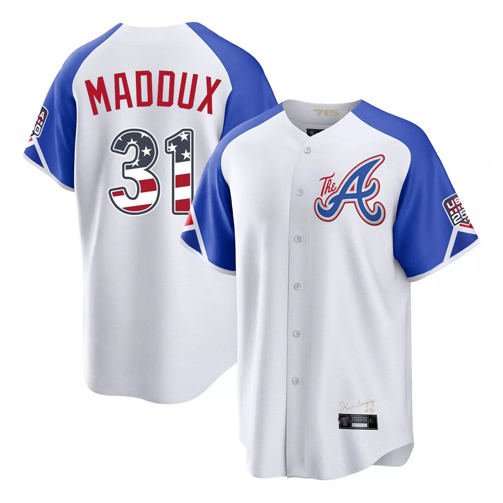 Atlanta Braves #31 Greg Maddux Player White AmberGomez USA 250 Fourth Of July City Connect Home Game Stitched Jerseys