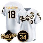 Los Angeles Dodgers #18 Yoshinobu Yamamoto White Gold AmberGomez 2025 World Series With No.34 Patch Limited Stitched Jersey