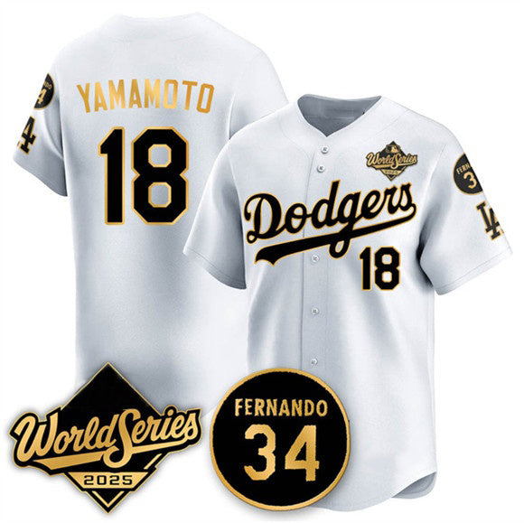 Los Angeles Dodgers #18 Yoshinobu Yamamoto White Gold AmberGomez 2025 World Series With No.34 Patch Limited Stitched Jersey
