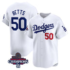 Los Angeles Dodgers #50 Mookie Betts White AmberGomez 2024 World Series Champions Home Limited Stitched Jersey
