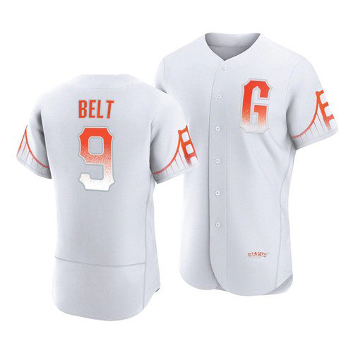 San Francisco Giants #9 Brandon Belt White AmberGomez 2021 City Connect Flex Base Jersey