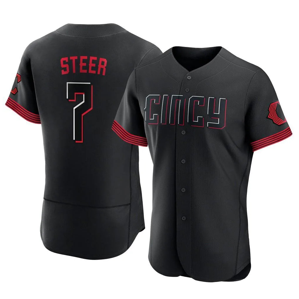 Cincinnati Reds #7 Spencer Steer Player Black AmberGomez City Connect Limited Elite Home Stitched Jerseys