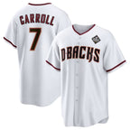 Arizona Diamondbacks #7 Corbin Carroll White AmberGomez 2023 World Series Cool Base Stitched Jersey 2