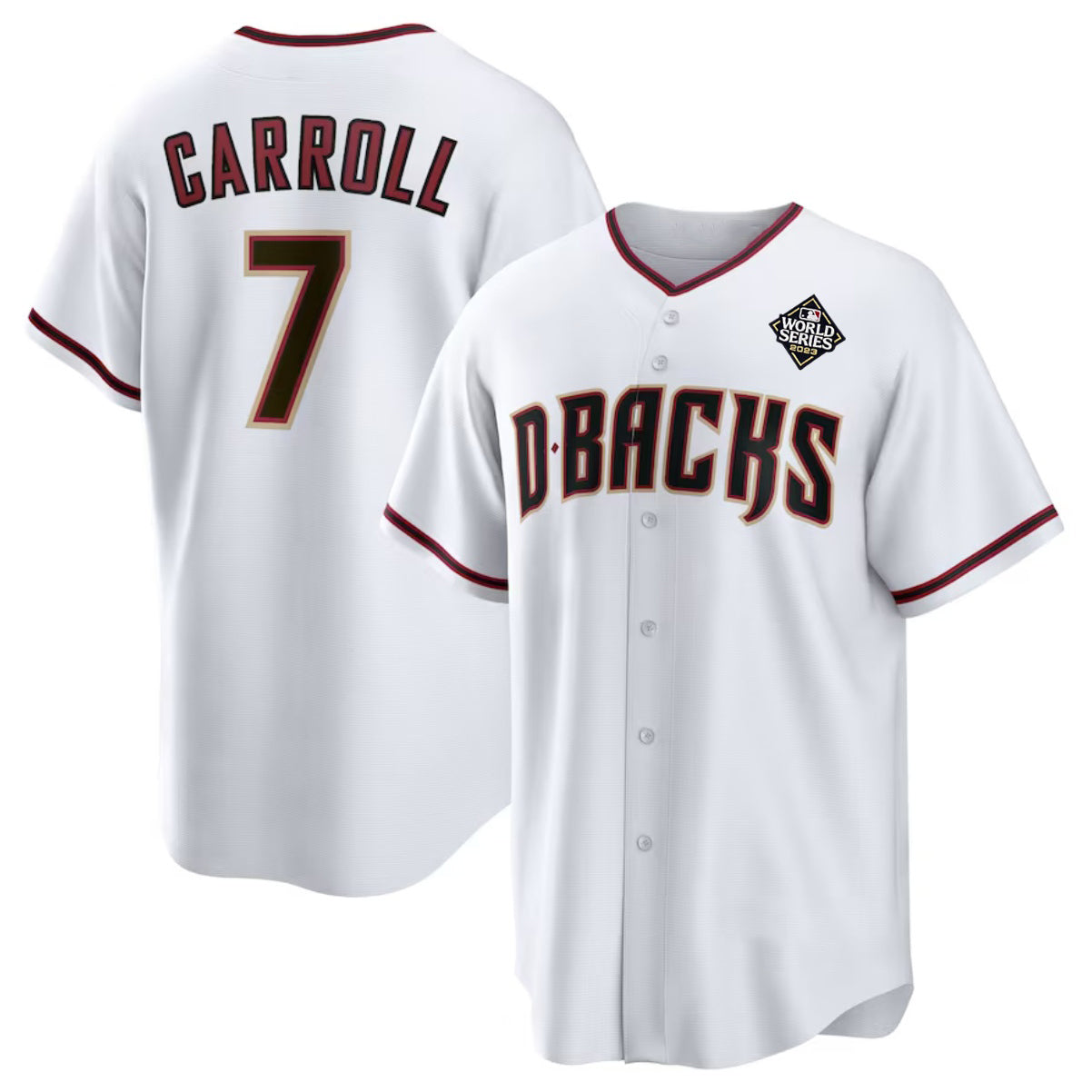 Arizona Diamondbacks #7 Corbin Carroll White AmberGomez 2023 World Series Cool Base Stitched Jersey 2