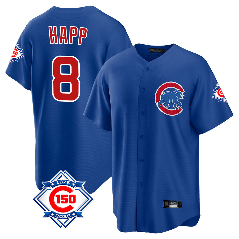 Chicago Cubs #8 Ian Happ Player Royal AmberGomez 150th Anniversary Home Game Stitched Jerseys
