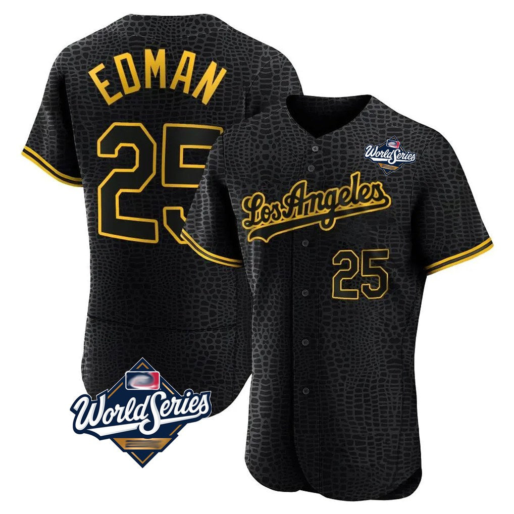 Los Angeles Dodgers #25 Tommy Edman Player Black AmberGomez World Series Snake Skin City Limited Elite Home Stitched Jerseys