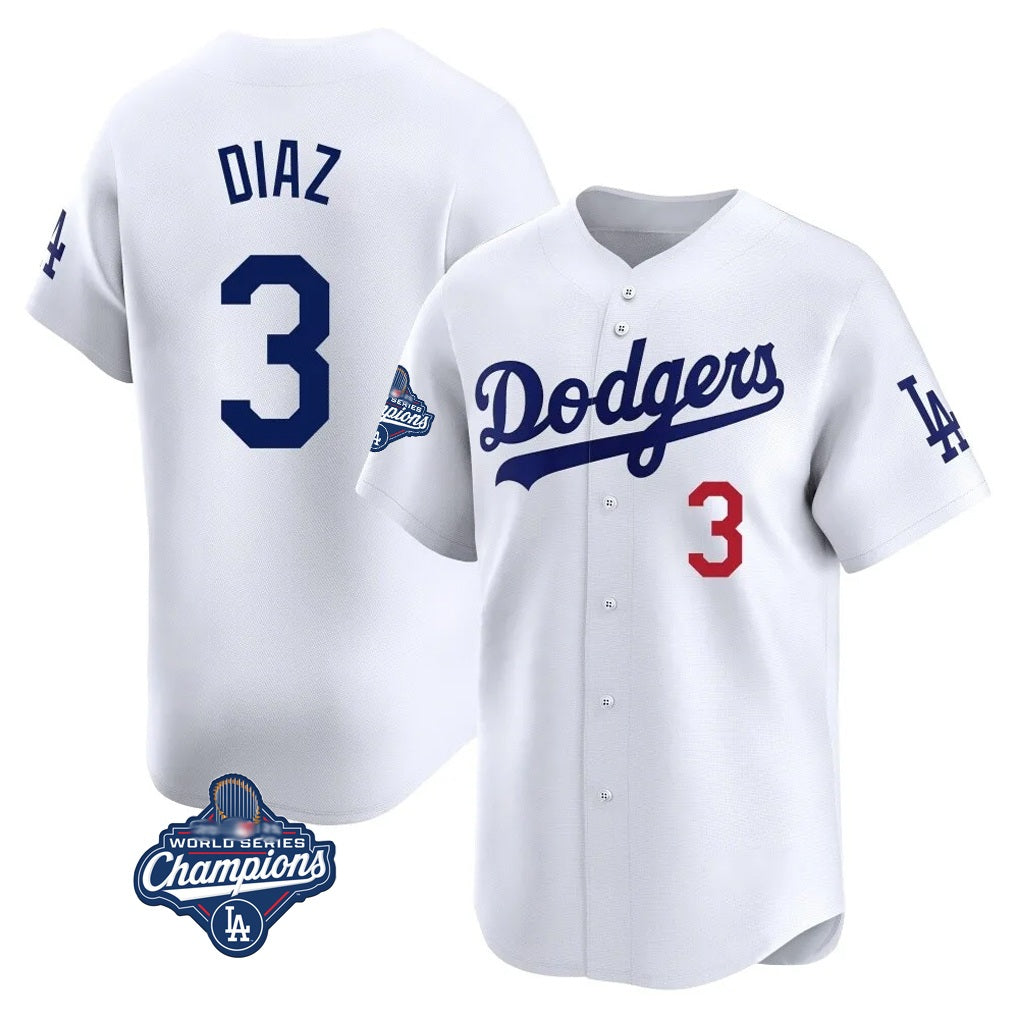 Los Angeles Dodgers #3 Edwin D¨ªaz Player White AmberGomez World Series Meet Limited Home Stitched Jerseys