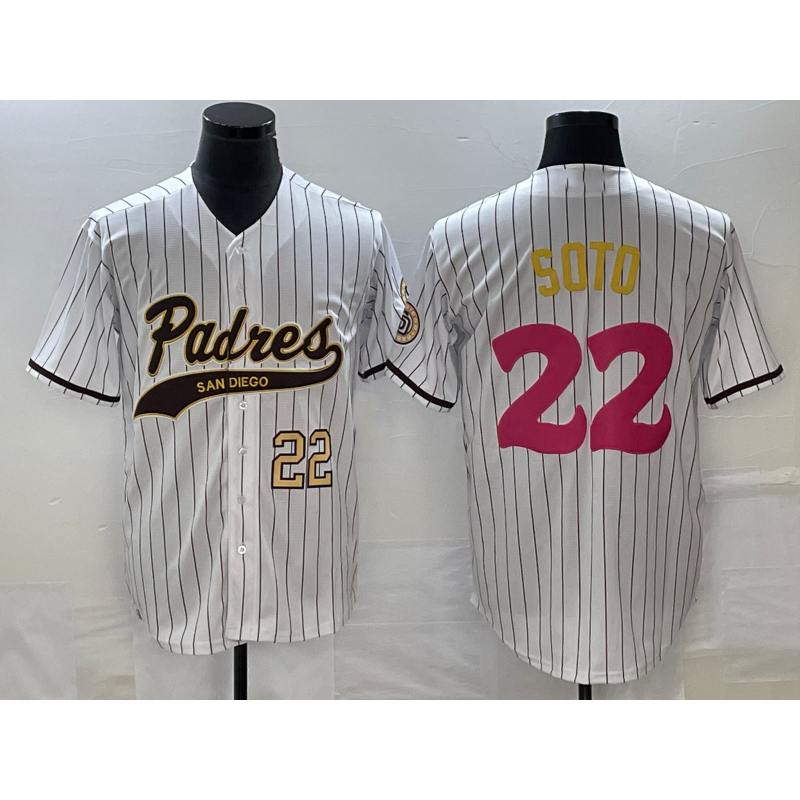 San Diego Padres #22 Juan Soto Number White AmberGomez Pinstripe 2023 City Connect Cool Base Stitched Jersey