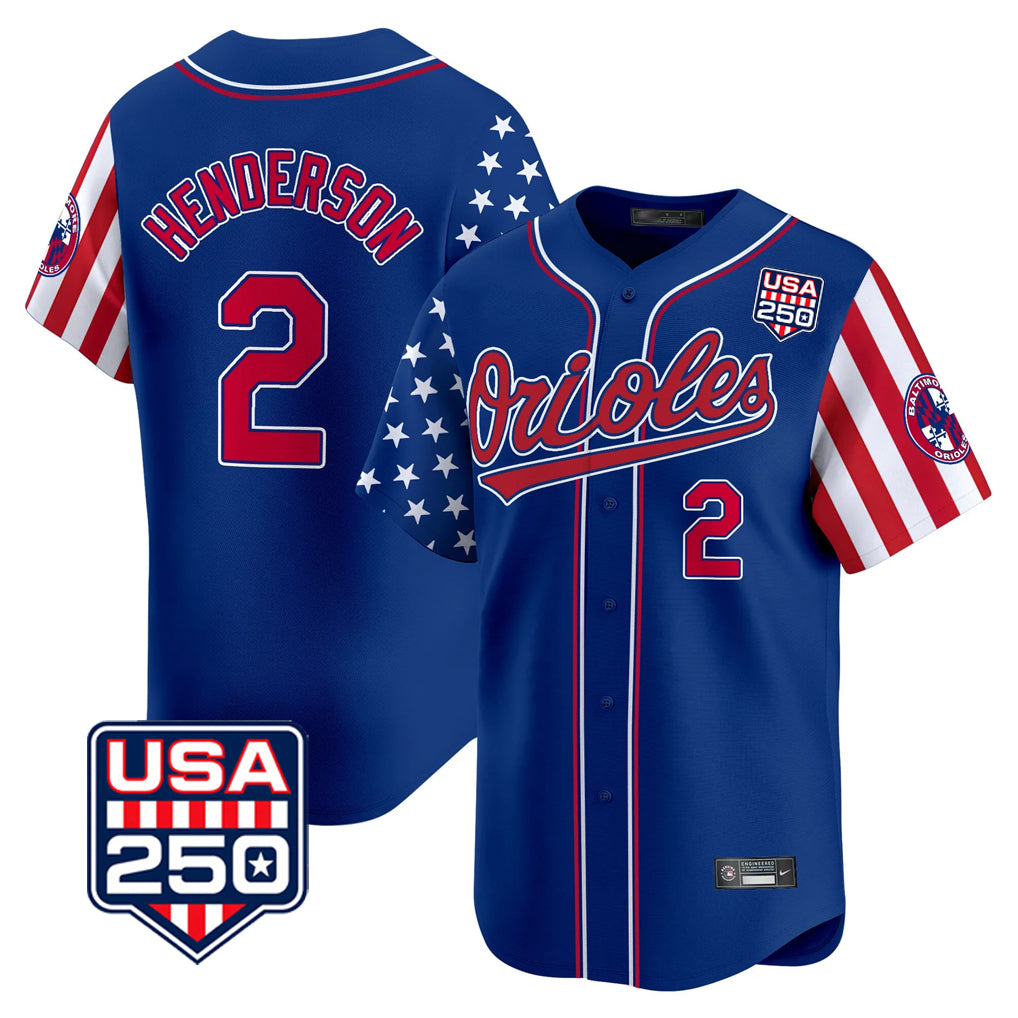 Baltimore Orioles #2 Gunnar Henderson Player Royal AmberGomez USA 250 Independence Day Vapor Premier Limited Home Game Stitched Jerseys