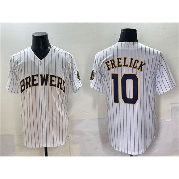 Milwaukee Brewers #10 Sal Frelick White AmberGomez Pinstripe 2025 With Patch Stitched Jersey