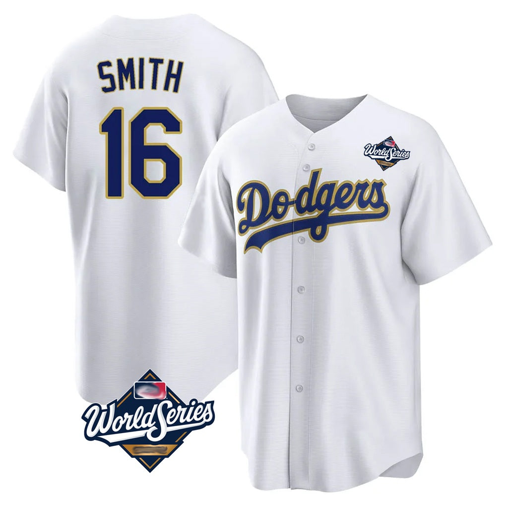 Los Angeles Dodgers #16 Will Smith Player Gold White AmberGomez World Series 2026 Collection Stadium Game Stitched Jerseys
