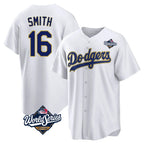 Los Angeles Dodgers #16 Will Smith Player Gold White AmberGomez World Series 2026 Collection Stadium Game Stitched Jerseys