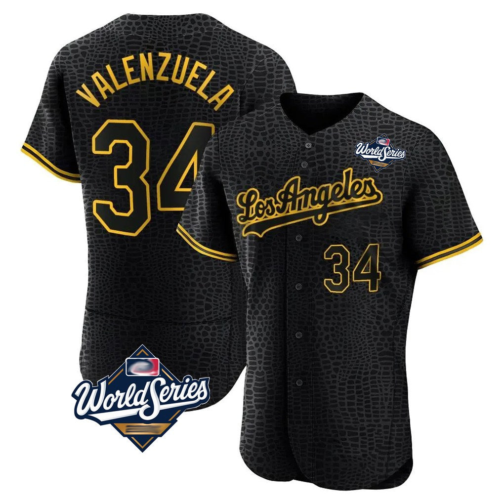 Los Angeles Dodgers #34 Fernando Valenzuela Player Black AmberGomez World Series Snake Skin City Limited Elite Home Stitched Jerseys