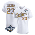 Los Angeles Dodgers #23 Kyle Tucker Player White Gold AmberGomez World Series Limited Elite Home Stitched Jerseys