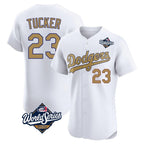 Los Angeles Dodgers #23 Kyle Tucker Player White Gold AmberGomez World Series Limited Elite Home Stitched Jerseys