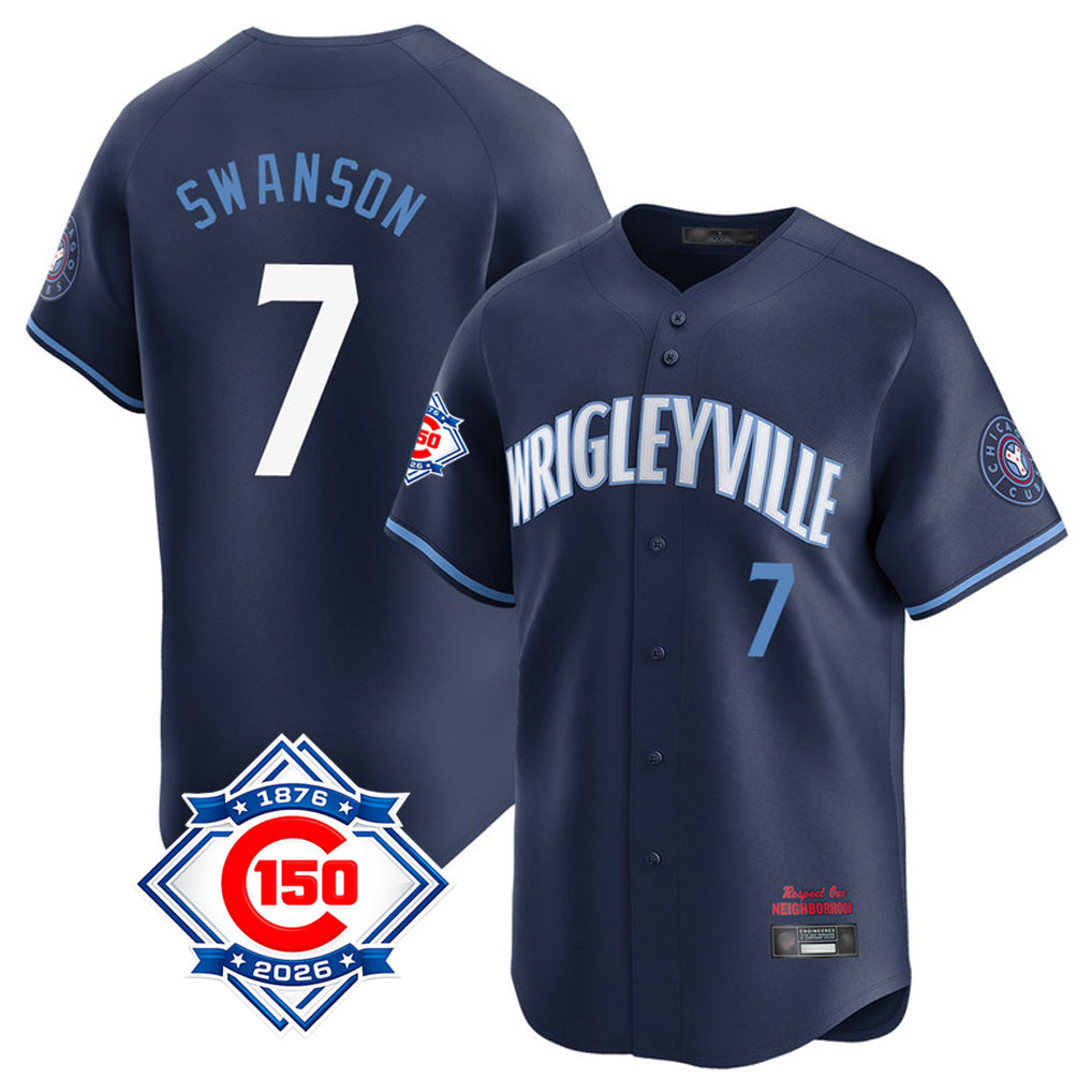 Chicago Cubs #7 Dansby Swanson Player Navy AmberGomez City Connect 150th Anniversary Limited Home Stitched Jerseys