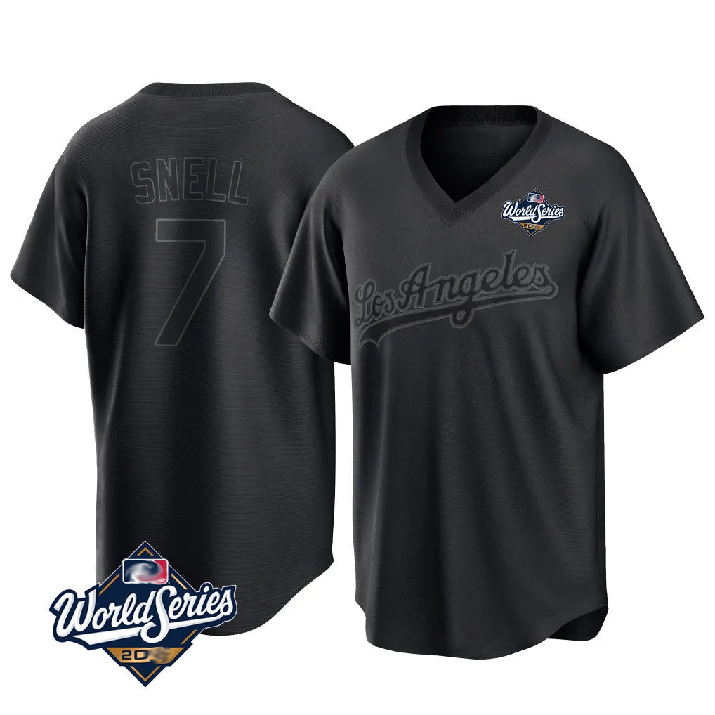 Los Angeles Dodgers #7 Blake Snell Player Black AmberGomez Pitch Fashion World Series T-shirt Stitched Jerseys