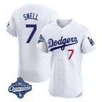 Los Angeles Dodgers #7 Blake Snell Player White AmberGomez Limited Elite World Series Meet Home Stitched Jerseys