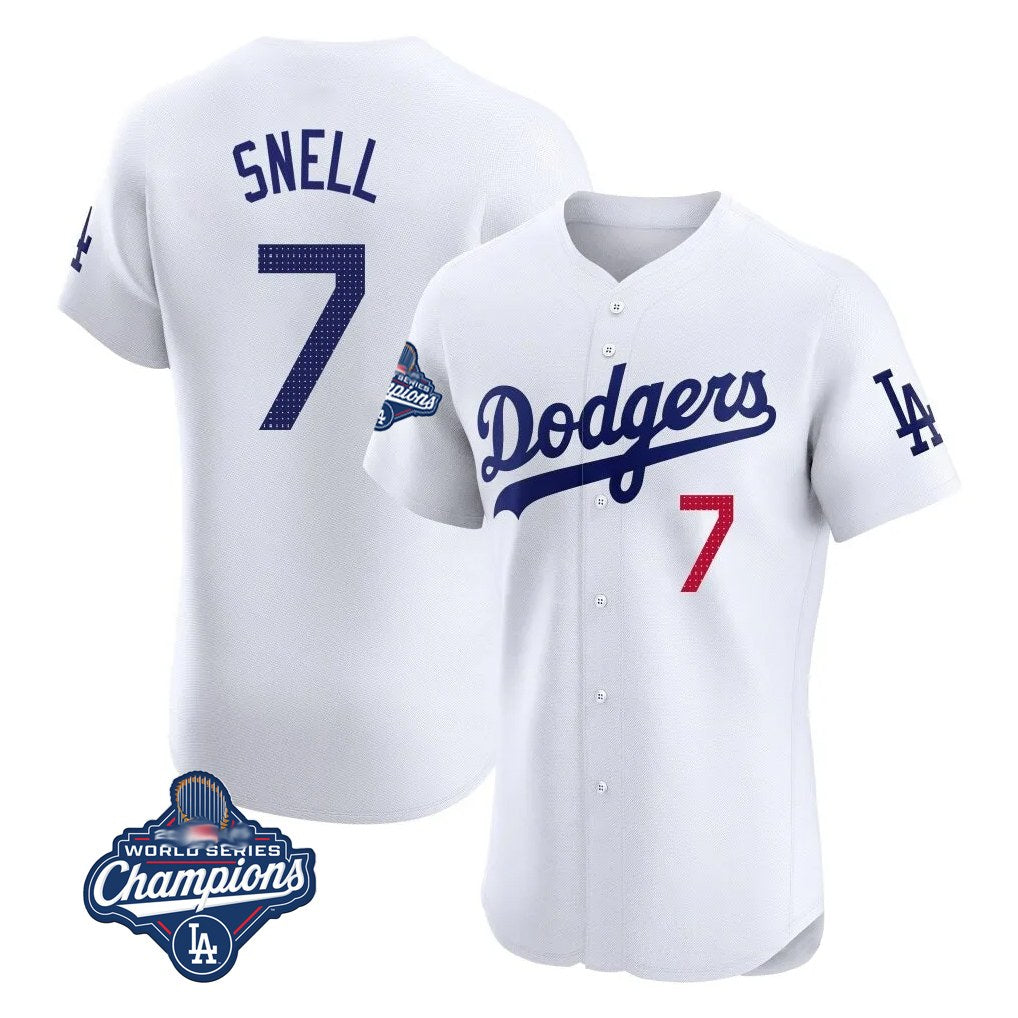 Los Angeles Dodgers #7 Blake Snell Player White AmberGomez Limited Elite World Series Meet Home Stitched Jerseys