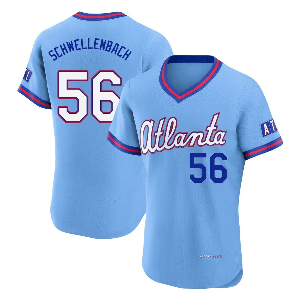 Atlanta Braves #56 Spencer Schwellenbach Player Powder Blue AmberGomez 2026 City Connect T-shirt Limited Elite Home Game Stitched Jerseys