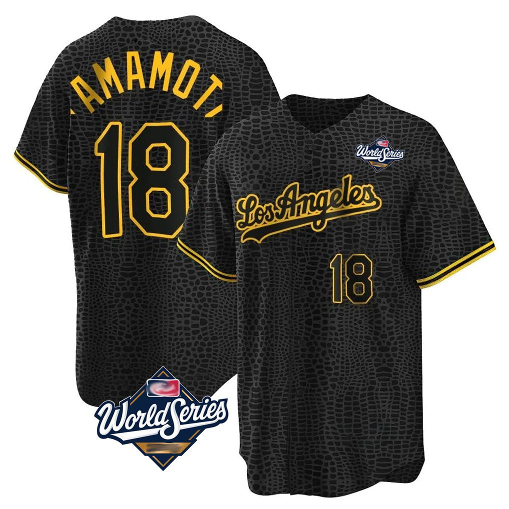 Los Angeles Dodgers #18 Yoshinobu Yamamoto Player Black Gold AmberGomez World Series Limited Home Stitched Jerseys