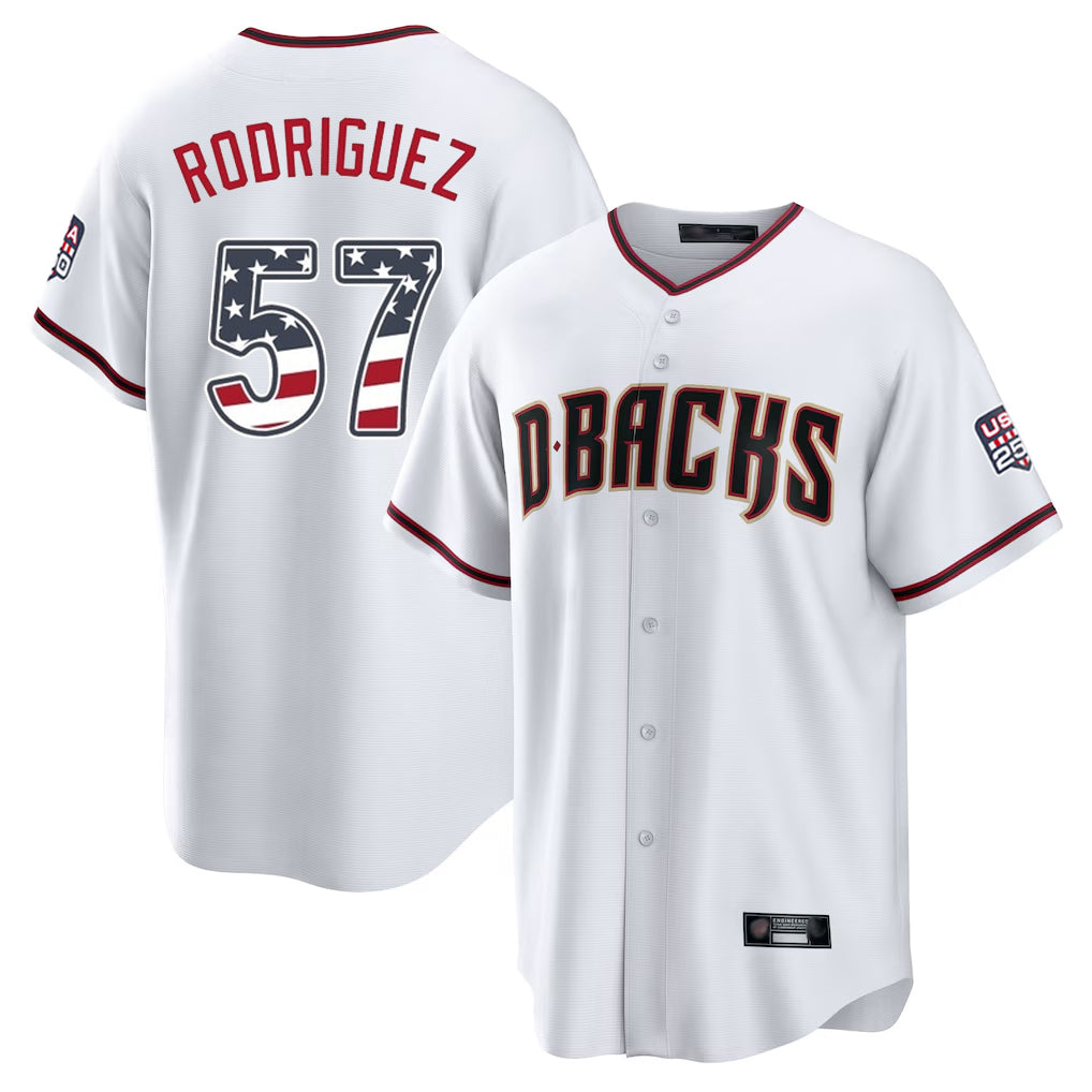 Arizona Diamondbacks #57 Eduardo Rodriguez Player White AmberGomez USA 250 Fourth of July Home Game Stitched Jerseys