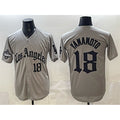 Los Angeles Dodgers #18 Yoshinobu Yamamoto Grey AmberGomez LA Gothic Style With 2025 World Series Champions Patch Limited Stitched Jersey