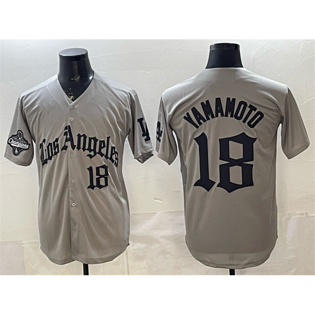 Los Angeles Dodgers #18 Yoshinobu Yamamoto Grey AmberGomez LA Gothic Style With 2025 World Series Champions Patch Limited Stitched Jersey