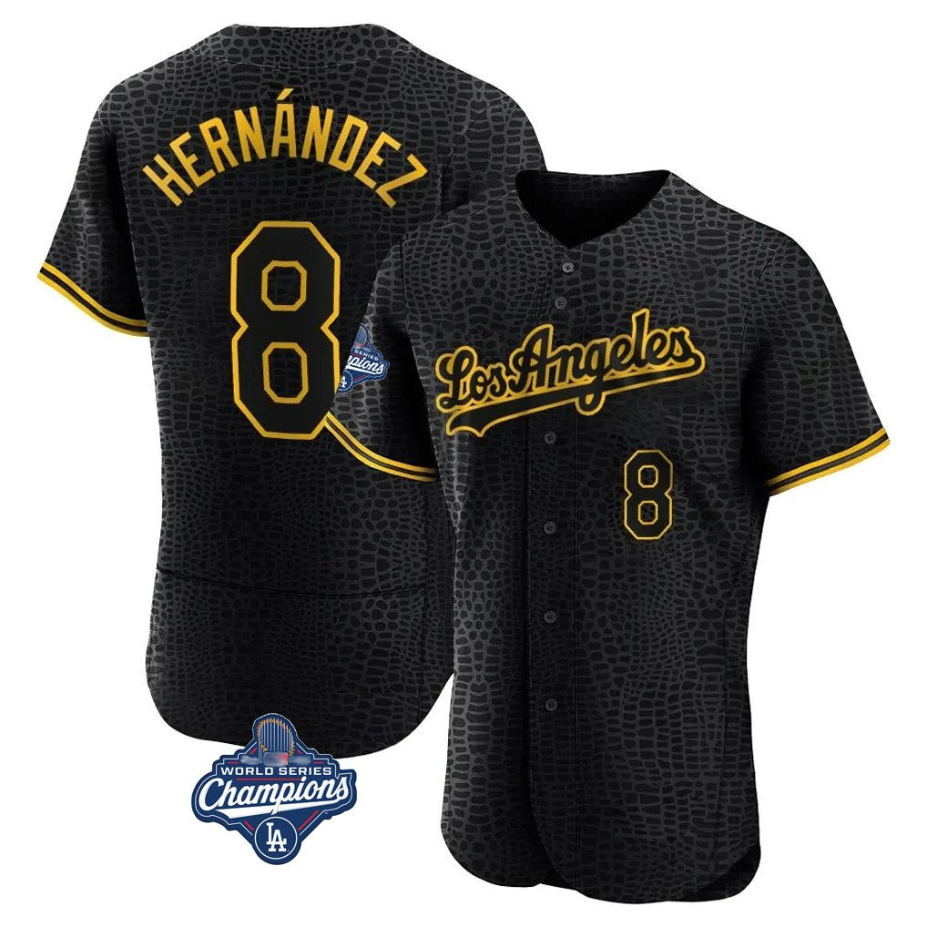 Los Angeles Dodgers #8 Enrique Hern¨¢ndez Player Black AmberGomez World Series Meet Snake Skin City Limited Elite Home Stitched Jerseys
