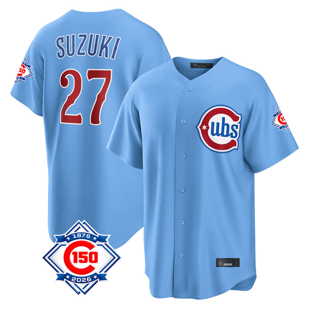 Chicago Cubs #27 Seiya Suzuki Player Light Blue AmberGomez 150th Anniversary Home Game Stitched Jerseys