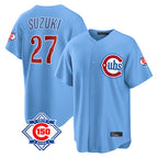 Chicago Cubs #27 Seiya Suzuki Player Light Blue AmberGomez 150th Anniversary Home Game Stitched Jerseys